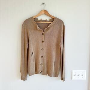 Zara Linen Blend Distressed Knit Button Front Cardigan Sweater Brown M